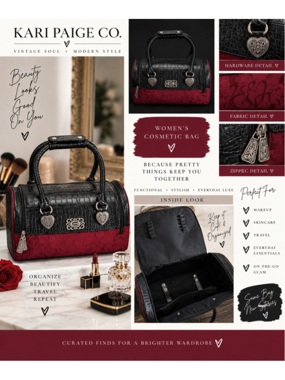 Women's Brighton Black Red Crocodile Heart Cosmetic Bag F26